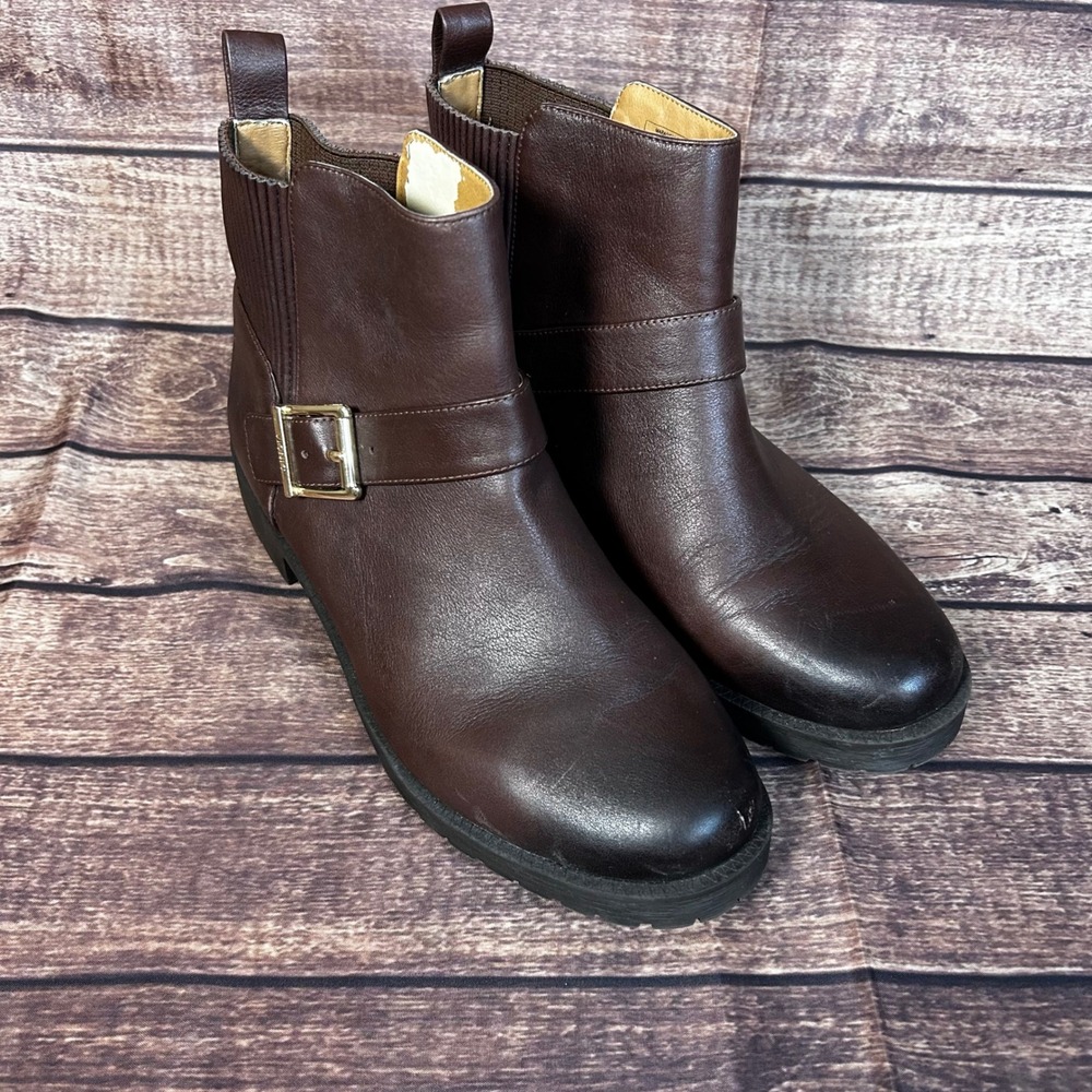 Vionic Mara Brown Leather Ankle Boots Buckle Chelsea Lug Sole Womens 10